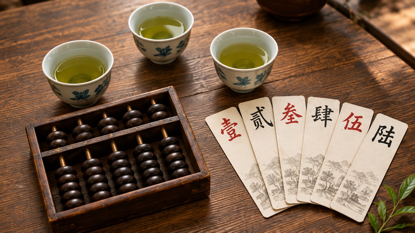木桌上的三杯清茶、上二下五传统算盘和大贰字牌，表现安静闲谈的茶桌时光
